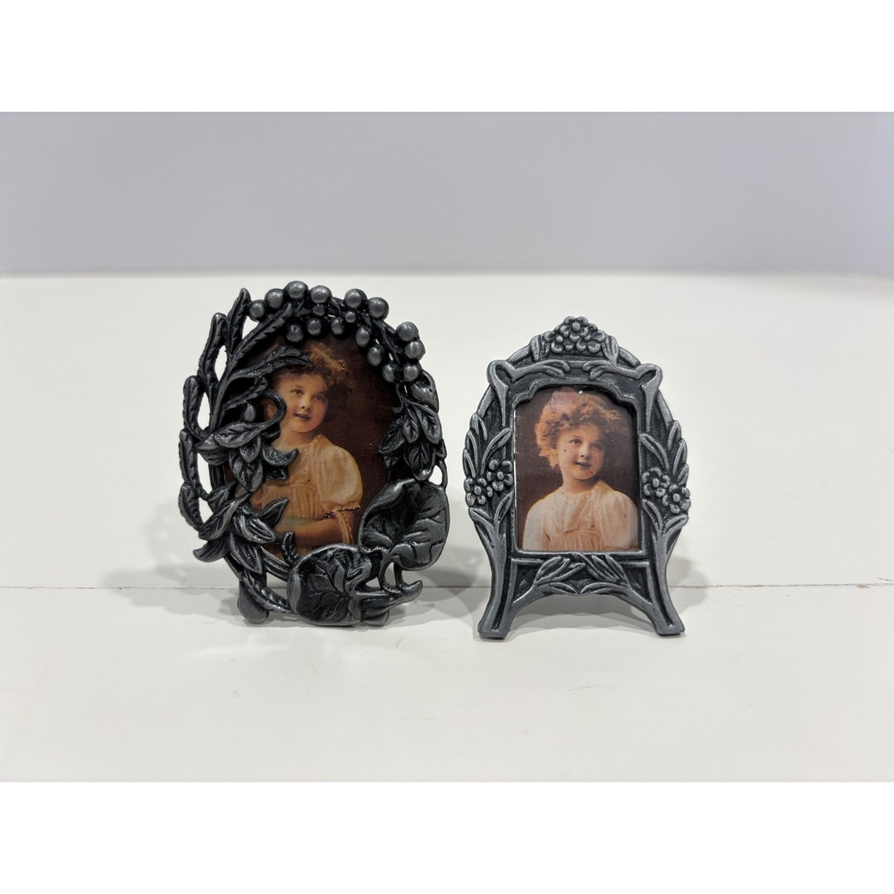 Vintage Miniature Metal Picture Frames Set of 2 Pewter Style Floral Leaf Design